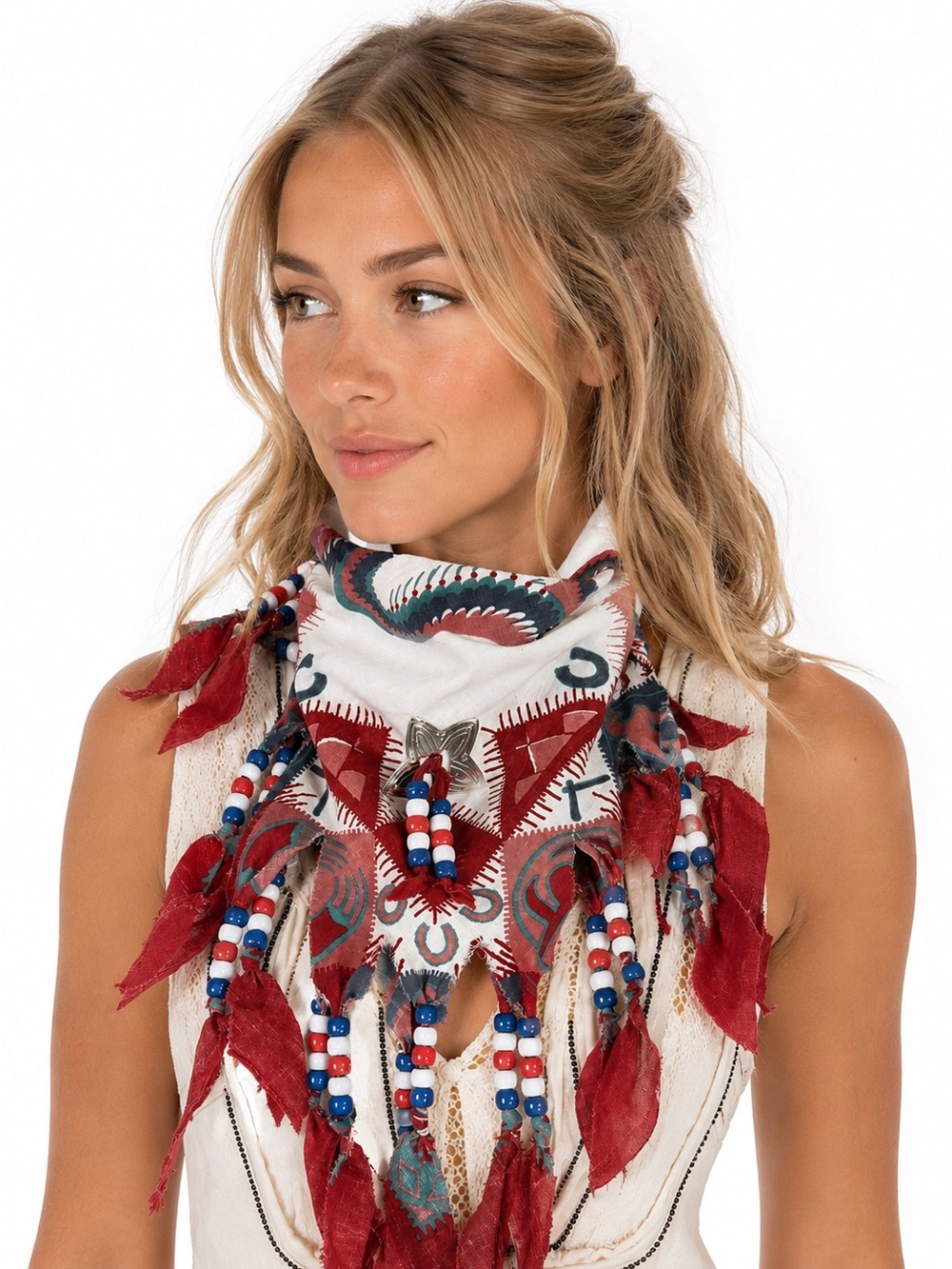 Vintage 90s Handmade Western Bandana Scarf necklace Beaded Concho Rodeo Stampede